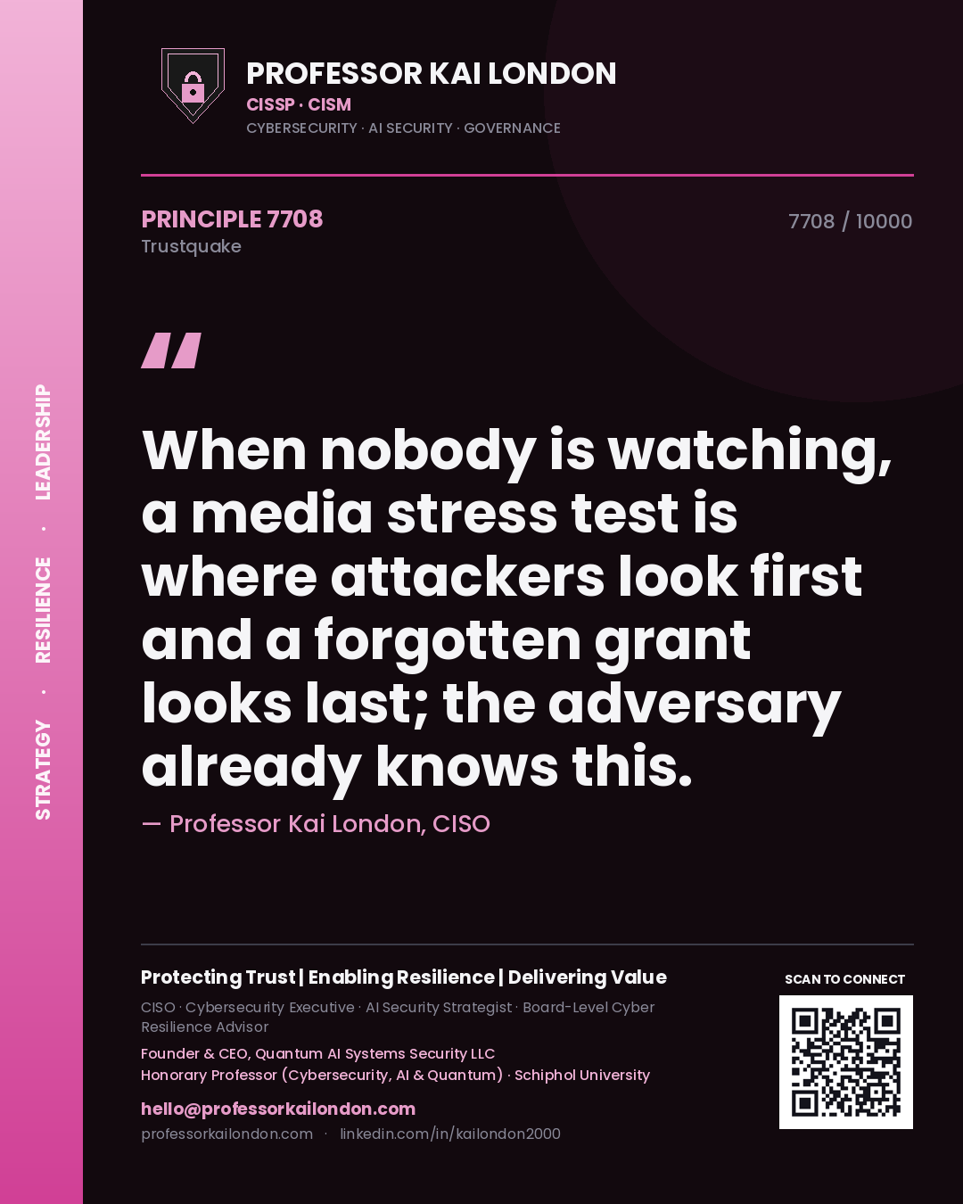 Quote card by Professor Kai London reading 'When nobody is watching, a media stress test is where attackers look first and a forgotten grant looks last; the adversary already knows this.'. From the book Trustquake.
