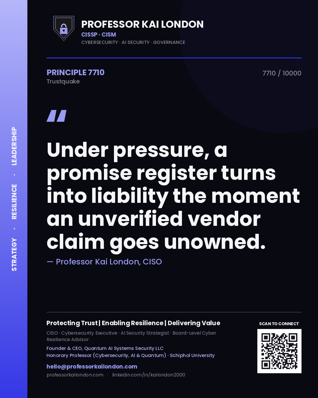 Quote card by Professor Kai London reading 'Under pressure, a promise register turns into liability the moment an unverified vendor claim goes unowned.'. From the book Trustquake.