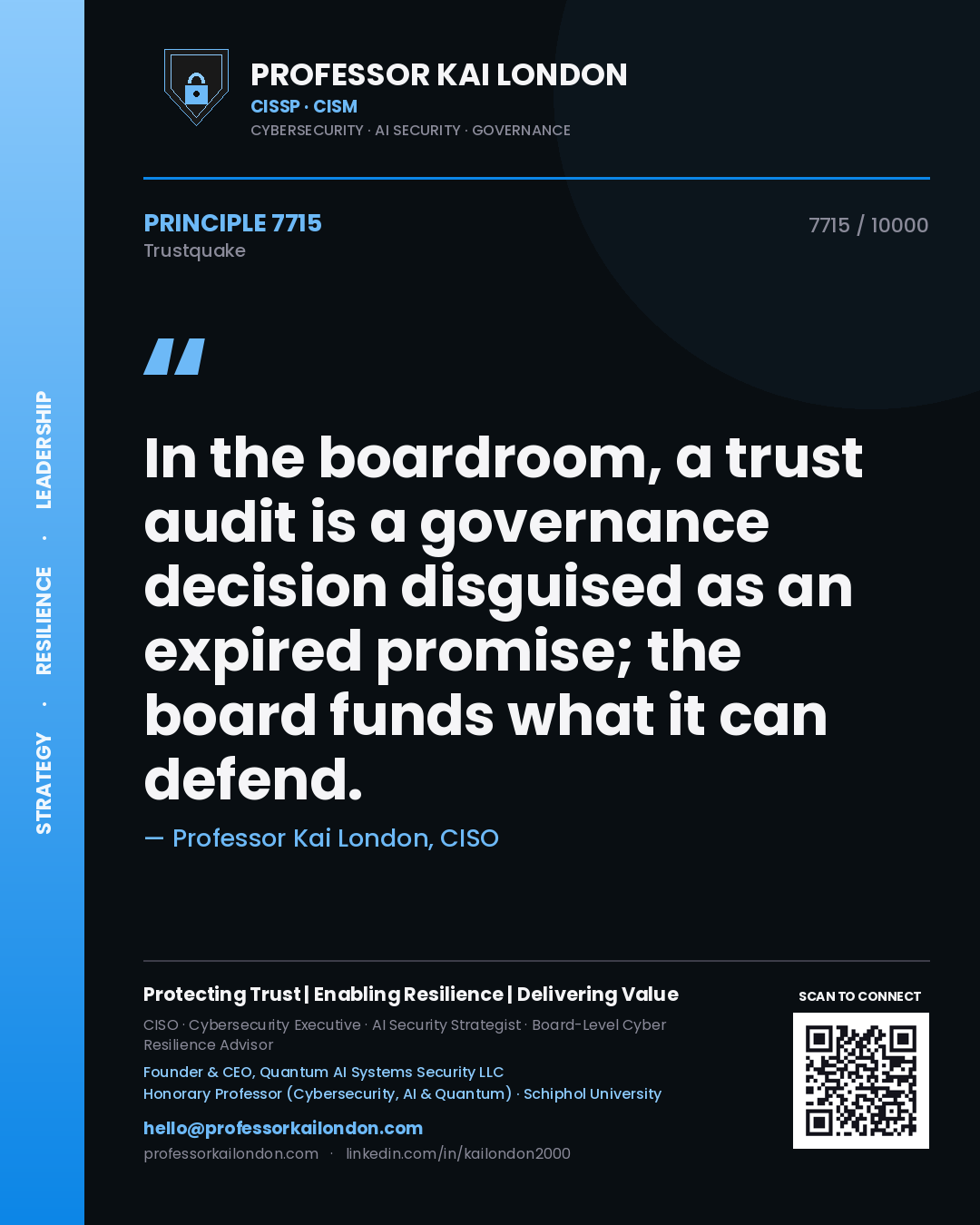 Quote card by Professor Kai London reading 'In the boardroom, a trust audit is a governance decision disguised as an expired promise; the board funds what it can defend.'. From the book Trustquake.