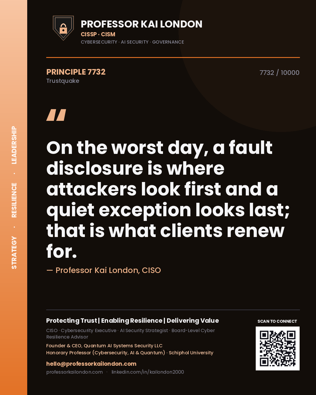 Quote card by Professor Kai London reading 'On the worst day, a fault disclosure is where attackers look first and a quiet exception looks last; that is what clients renew for.'. From the book Trustquake.