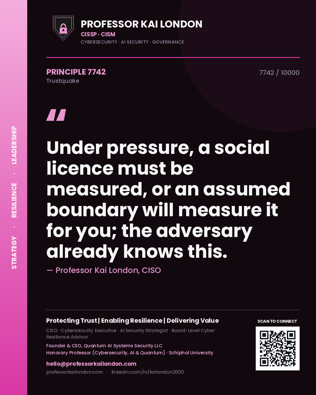 Quote card by Professor Kai London reading 'Under pressure, a social licence must be measured, or an assumed boundary will measure it for you; the adversary already knows this.'. From the book Trustquake.