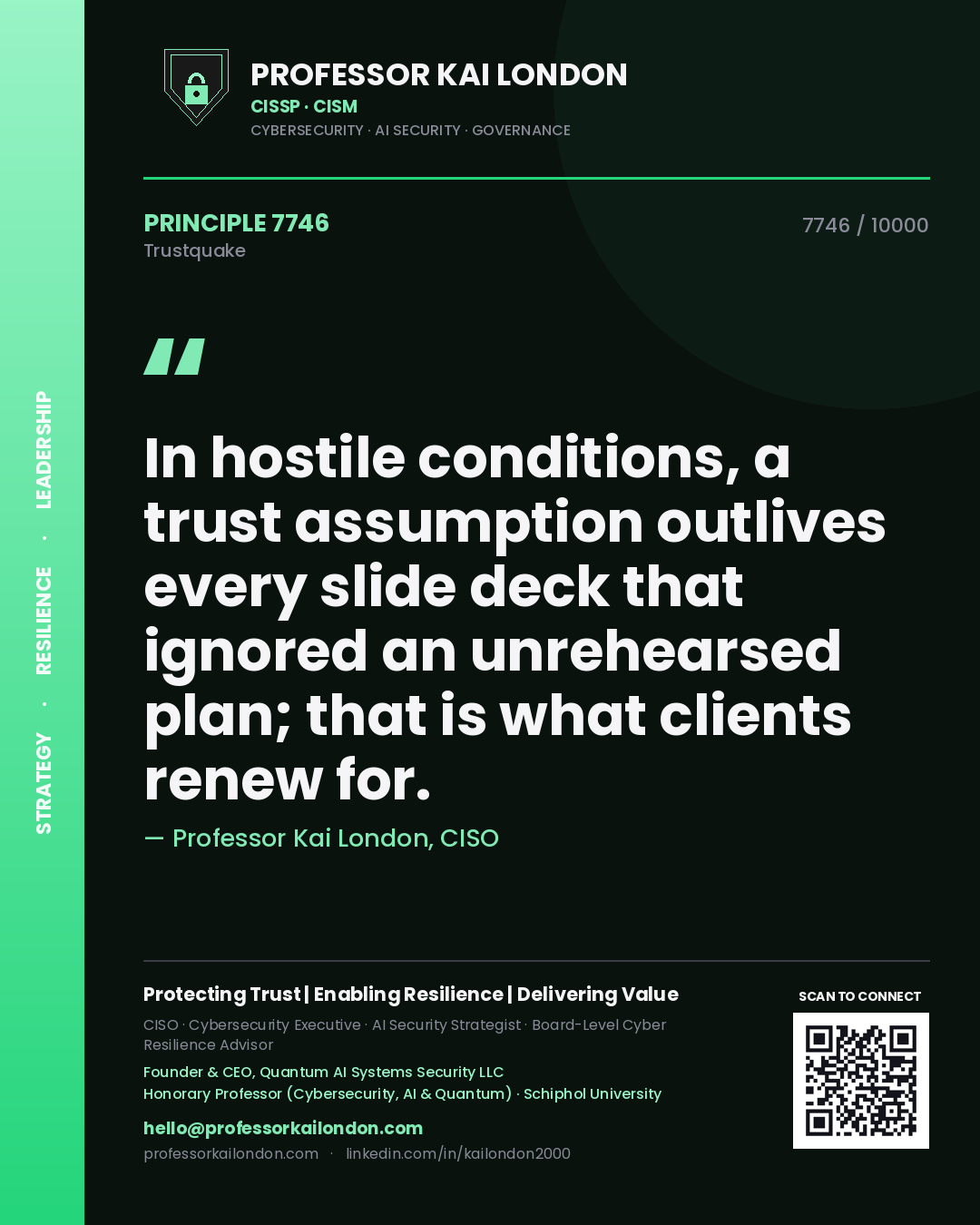 Quote card by Professor Kai London reading 'In hostile conditions, a trust assumption outlives every slide deck that ignored an unrehearsed plan; that is what clients renew for.'. From the book Trustquake.