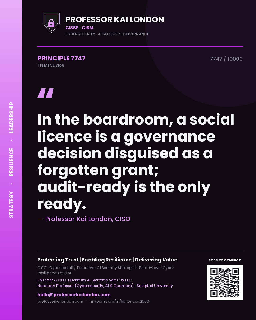 Quote card by Professor Kai London reading 'In the boardroom, a social licence is a governance decision disguised as a forgotten grant; audit-ready is the only ready.'. From the book Trustquake.