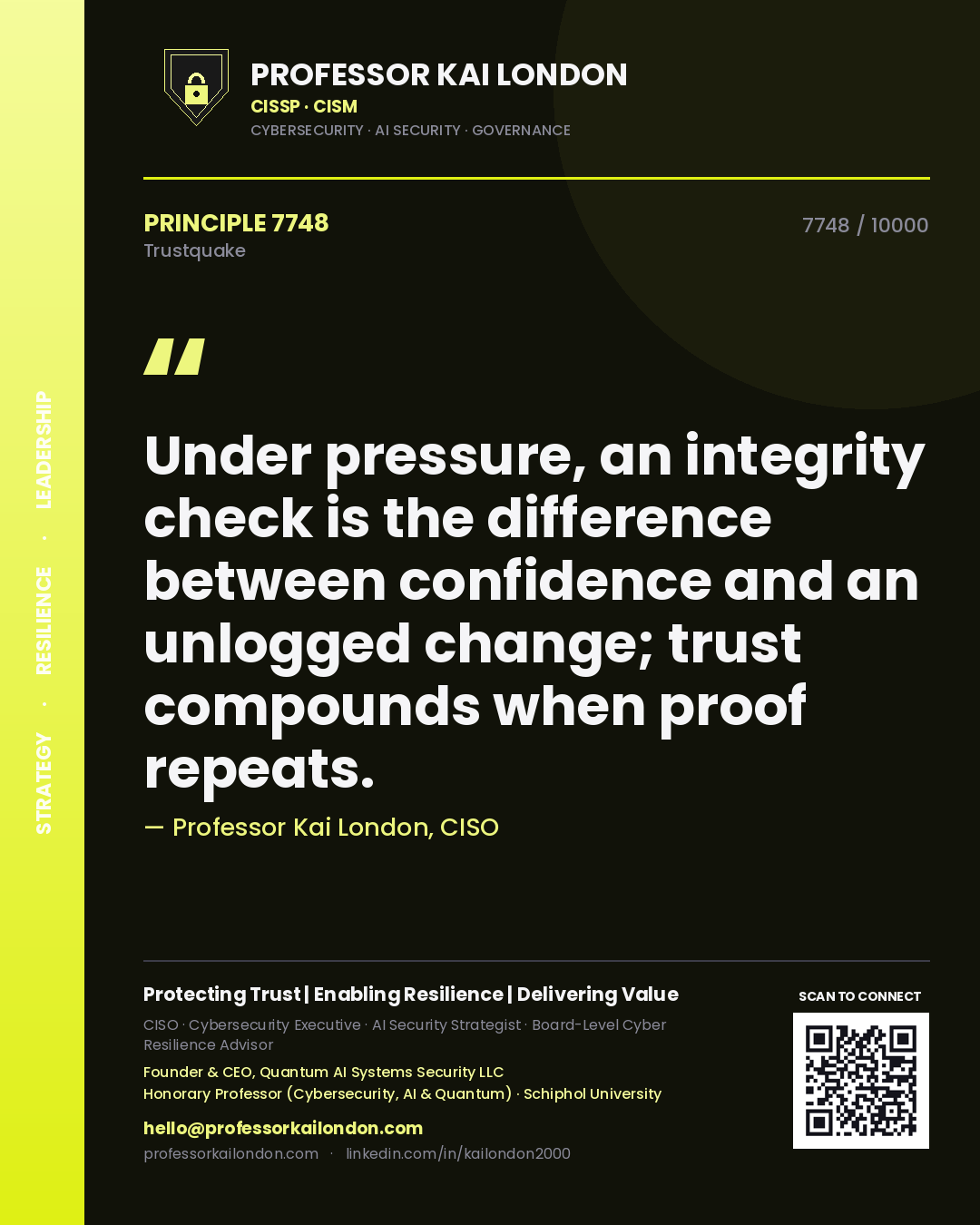 Quote card by Professor Kai London reading 'Under pressure, an integrity check is the difference between confidence and an unlogged change; trust compounds when proof repeats.'. From the book Trustquake.