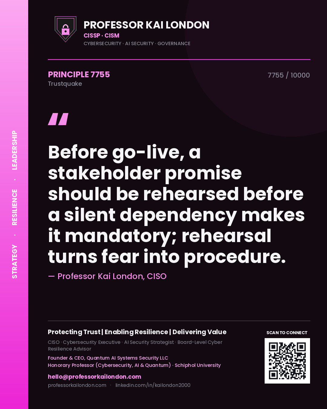 Quote card by Professor Kai London reading 'Before go-live, a stakeholder promise should be rehearsed before a silent dependency makes it mandatory; rehearsal turns fear into procedure.'. From the book Trustquake.