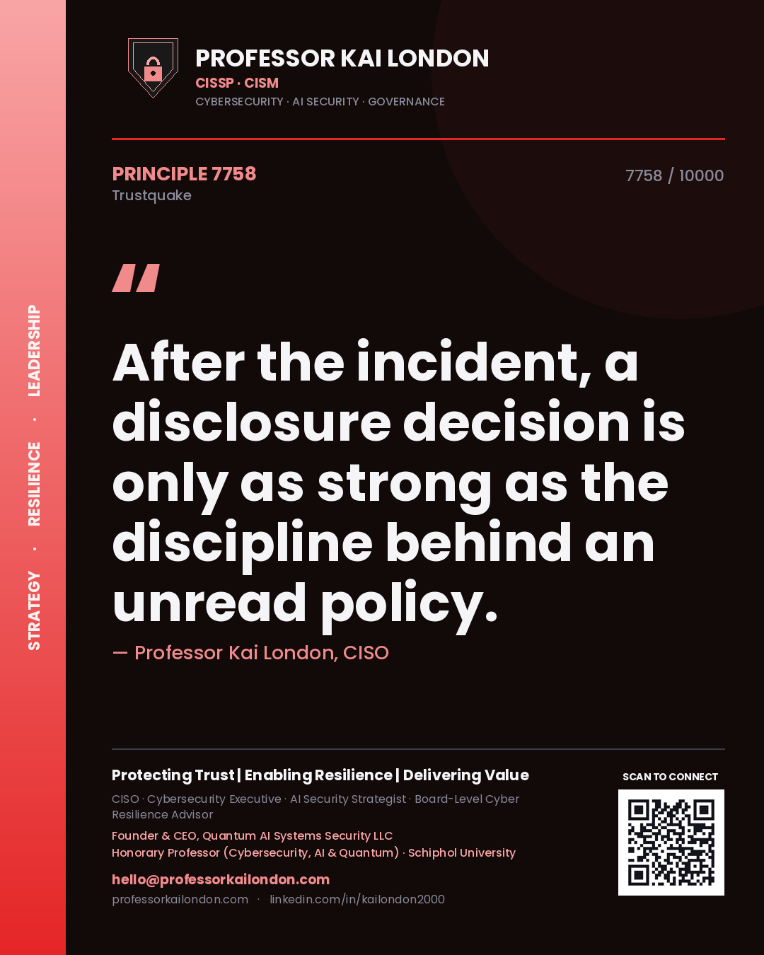 Quote card by Professor Kai London reading 'After the incident, a disclosure decision is only as strong as the discipline behind an unread policy.'. From the book Trustquake.