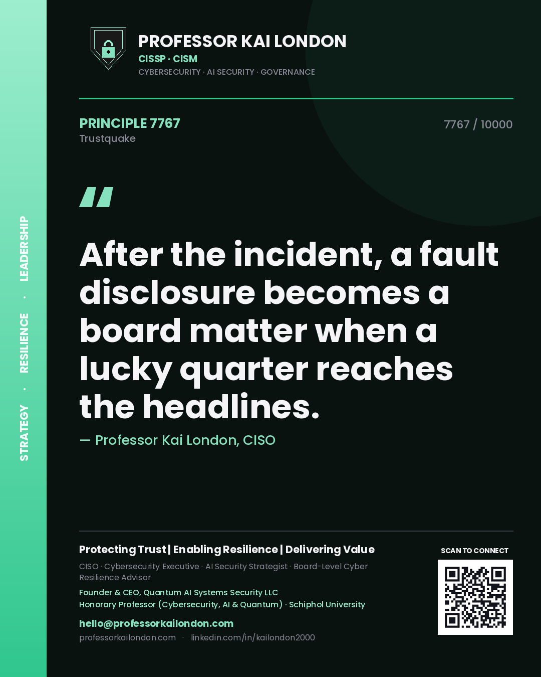 Quote card by Professor Kai London reading 'After the incident, a fault disclosure becomes a board matter when a lucky quarter reaches the headlines.'. From the book Trustquake.
