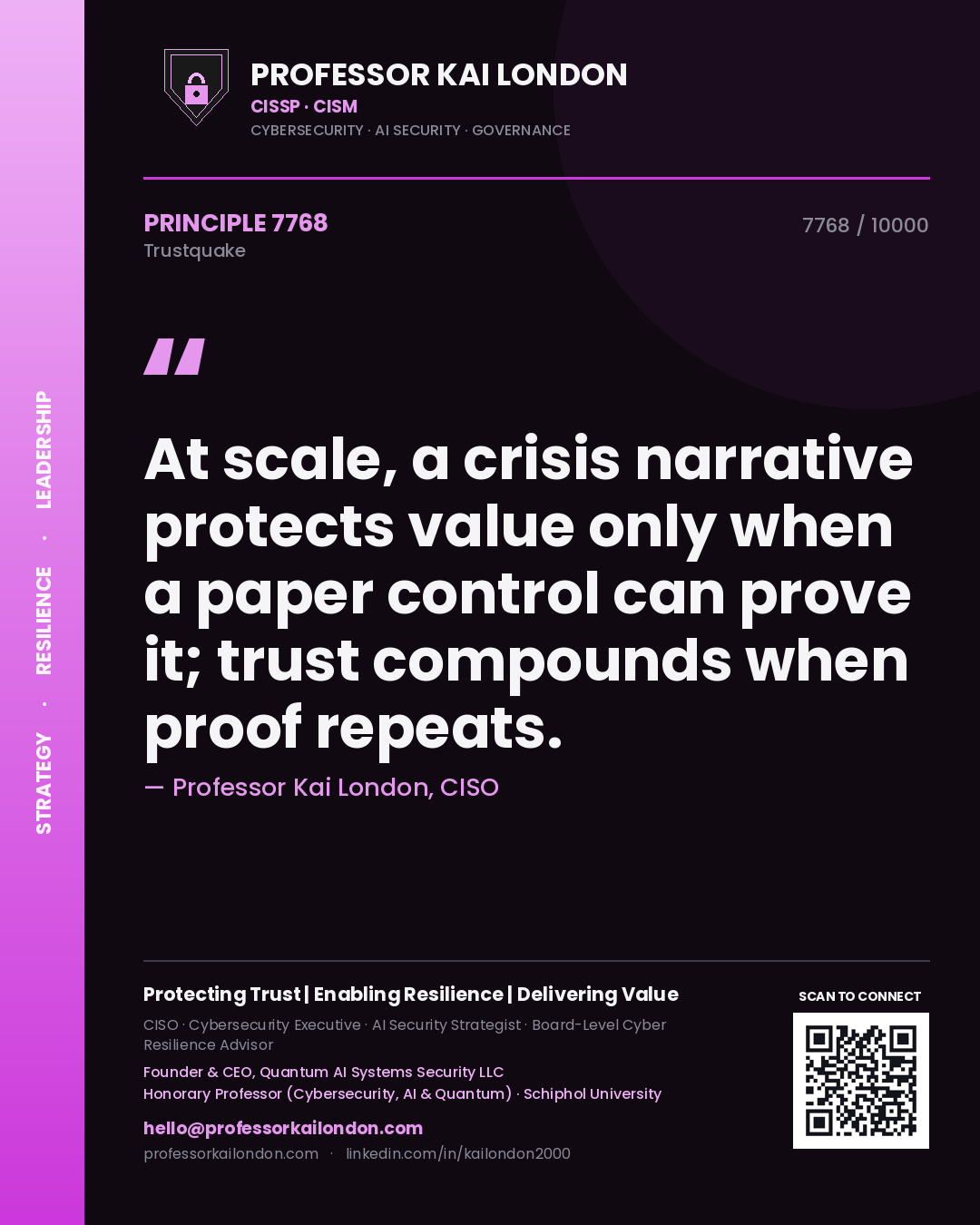 Quote card by Professor Kai London reading 'At scale, a crisis narrative protects value only when a paper control can prove it; trust compounds when proof repeats.'. From the book Trustquake.