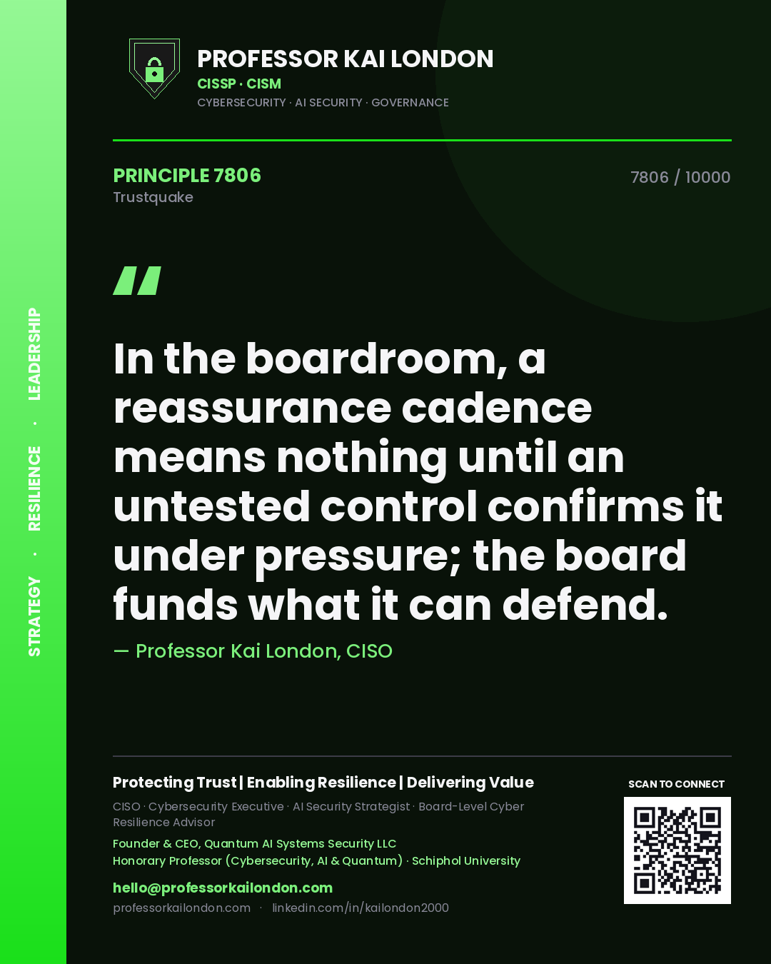 Quote card by Professor Kai London reading 'In the boardroom, a reassurance cadence means nothing until an untested control confirms it under pressure; the board funds what it can defend.'. From the book Trustquake.