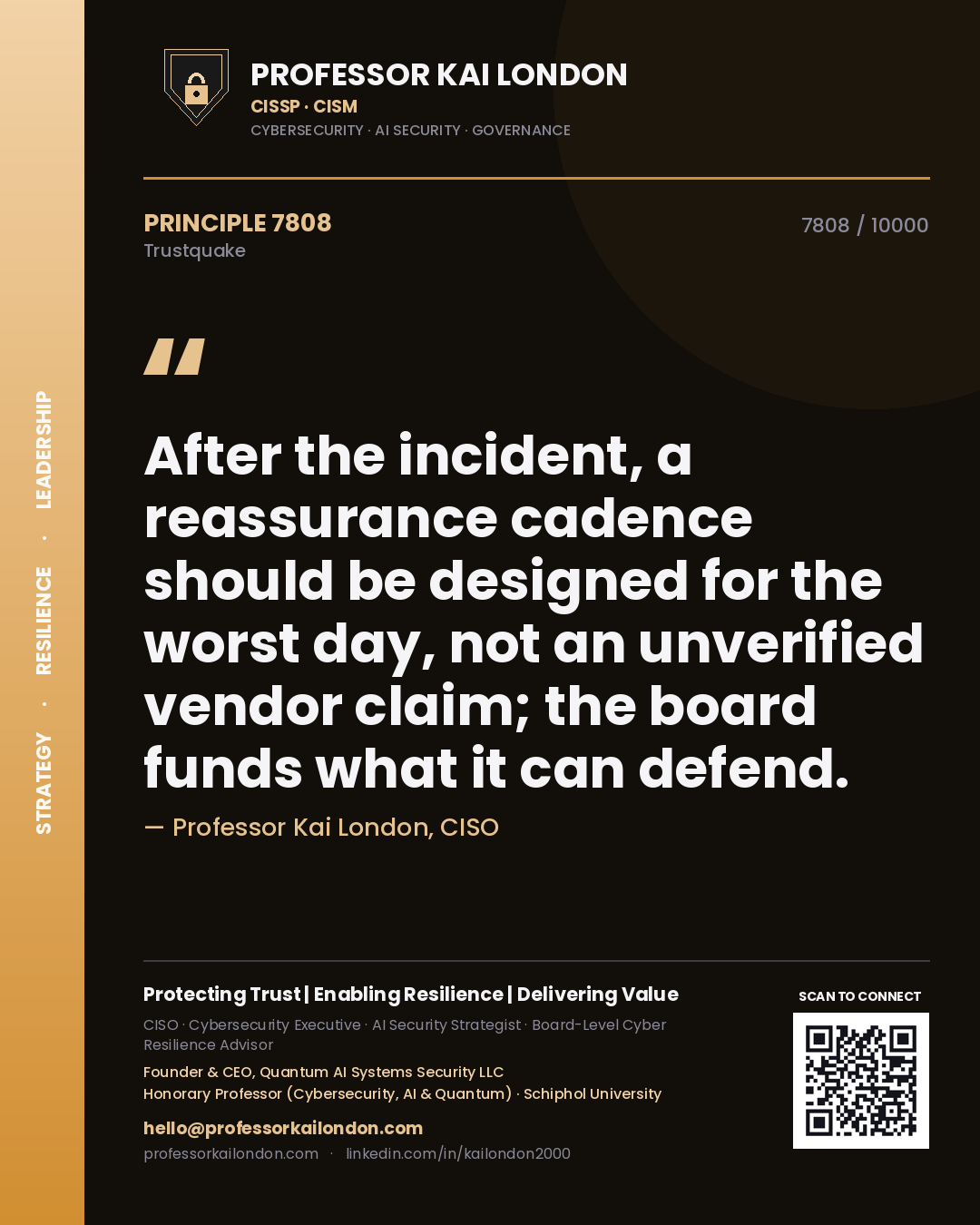 Quote card by Professor Kai London reading 'After the incident, a reassurance cadence should be designed for the worst day, not an unverified vendor claim; the board funds what it can defend.'. From the book Trustquake.