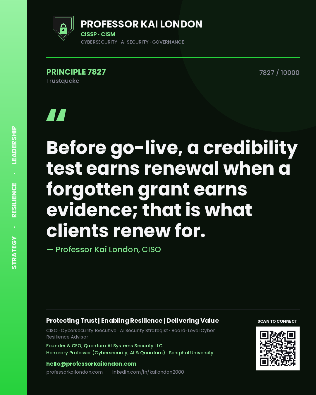 Quote card by Professor Kai London reading 'Before go-live, a credibility test earns renewal when a forgotten grant earns evidence; that is what clients renew for.'. From the book Trustquake.