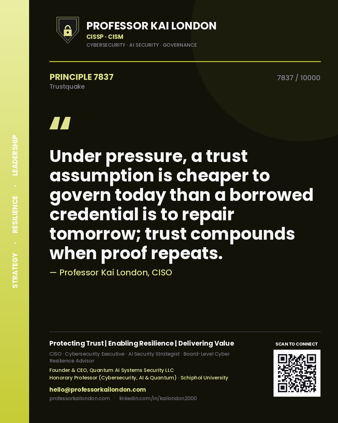 Quote card by Professor Kai London reading 'Under pressure, a trust assumption is cheaper to govern today than a borrowed credential is to repair tomorrow; trust compounds when proof repeats.'. From the book Trustquake.