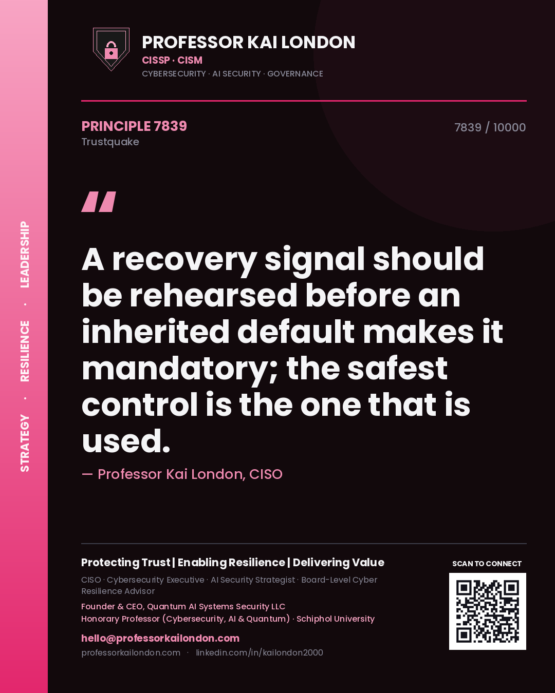 Professor Kai London principle 7839: A recovery signal should be rehearsed before an inherited default makes it mandatory; the safest control is the one that is used.