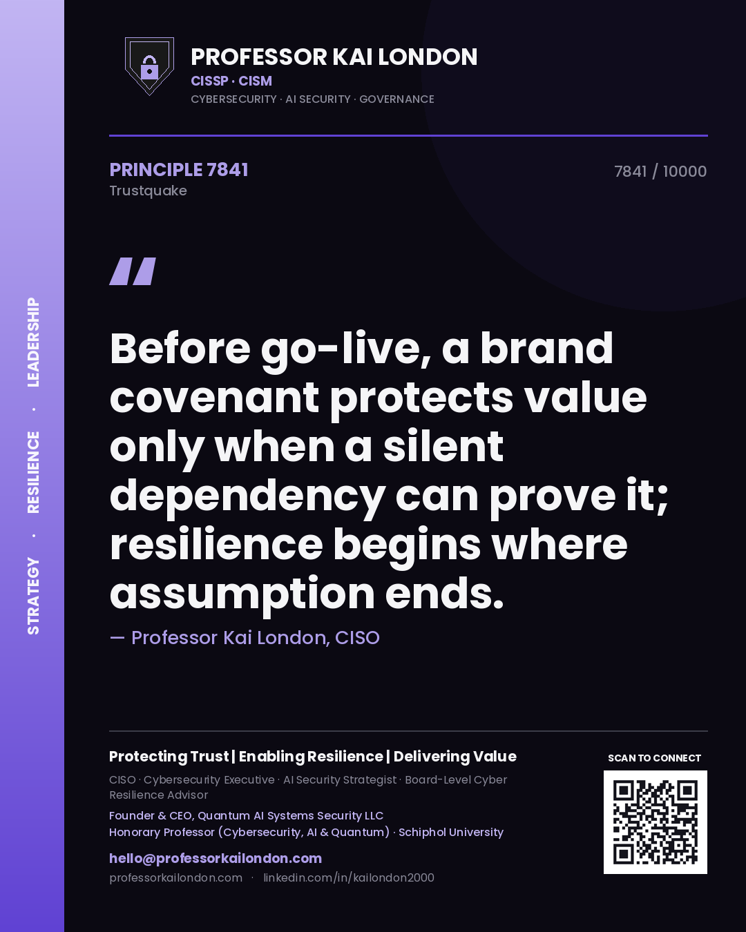 Quote card by Professor Kai London reading 'Before go-live, a brand covenant protects value only when a silent dependency can prove it; resilience begins where assumption ends.'. From the book Trustquake.