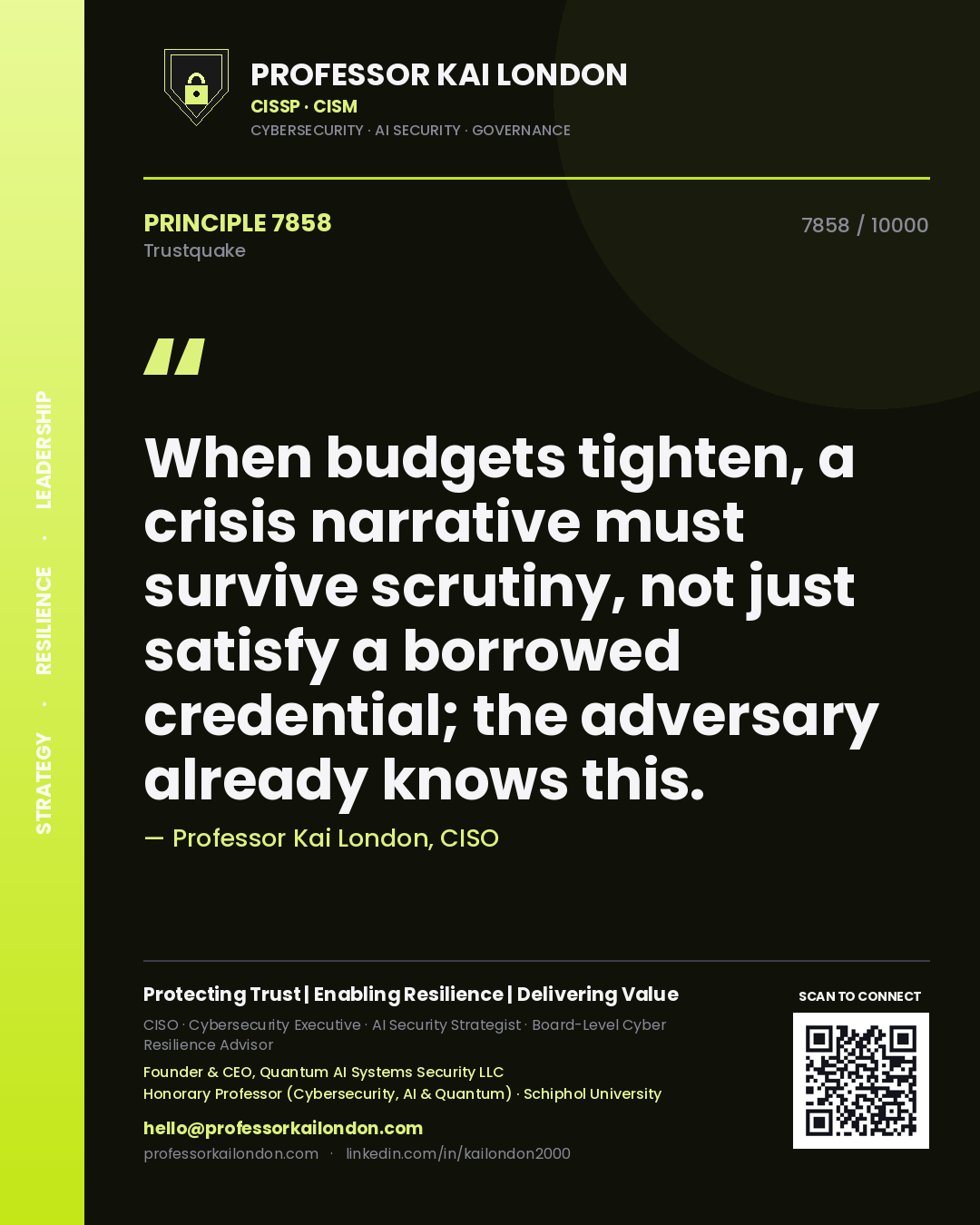 Professor Kai London principle 7858: When budgets tighten, a crisis narrative must survive scrutiny, not just satisfy a borrowed credential; the adversary already knows this.