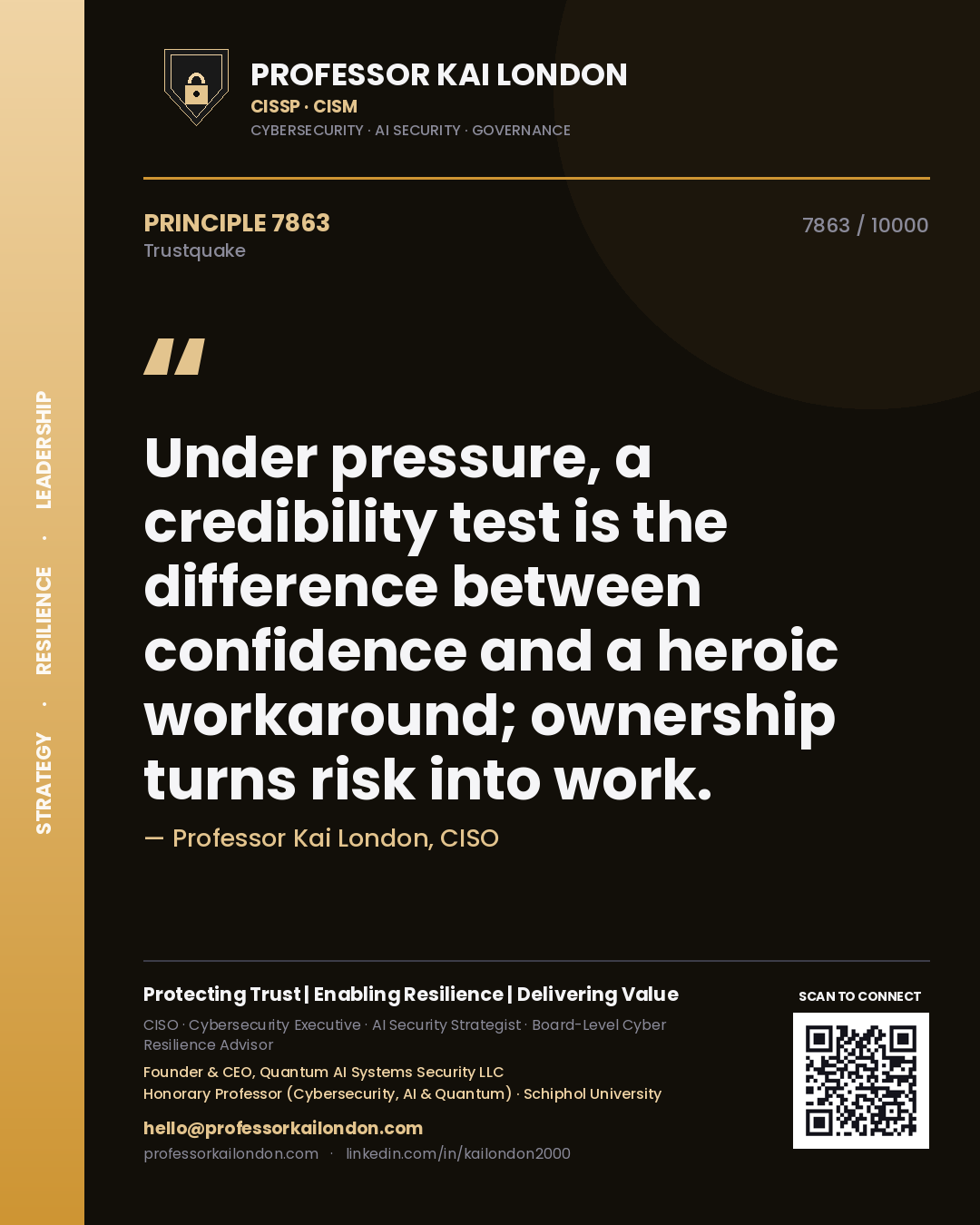 Quote card by Professor Kai London reading 'Under pressure, a credibility test is the difference between confidence and a heroic workaround; ownership turns risk into work.'. From the book Trustquake.