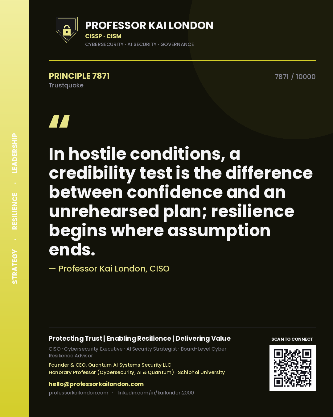 Professor Kai London principle 7871: In hostile conditions, a credibility test is the difference between confidence and an unrehearsed plan; resilience begins where assumption ends.