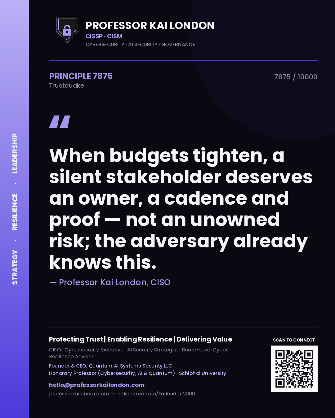 Professor Kai London principle 7875: When budgets tighten, a silent stakeholder deserves an owner, a cadence and proof — not an unowned risk; the adversary already knows this.
