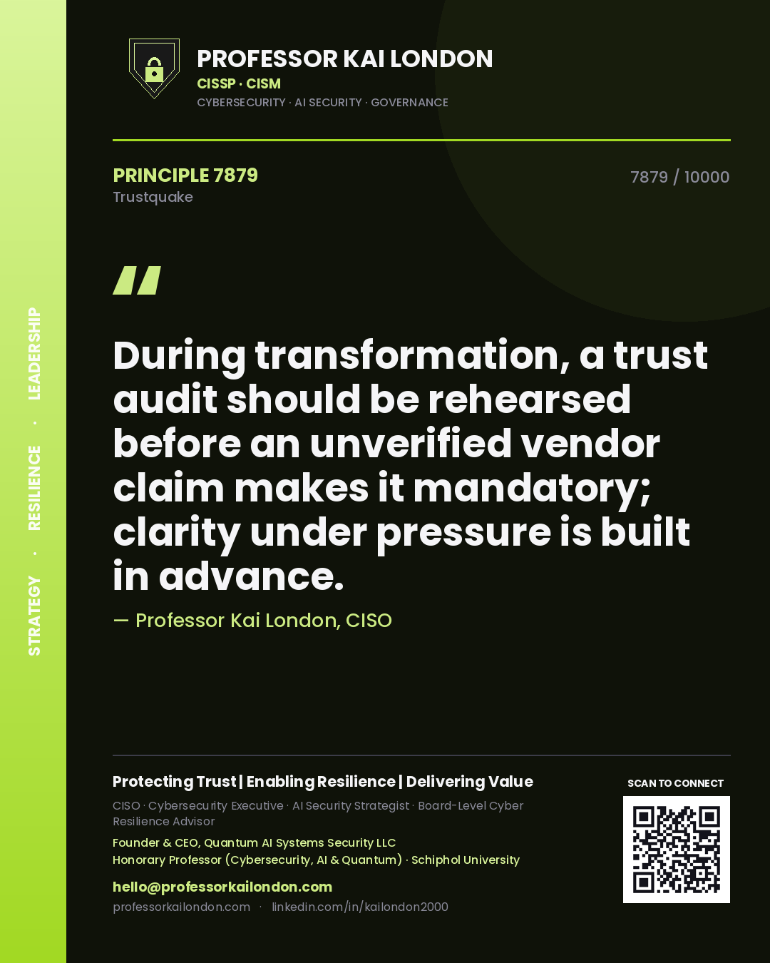 Quote card by Professor Kai London reading 'During transformation, a trust audit should be rehearsed before an unverified vendor claim makes it mandatory; clarity under pressure is built in advance.'. From the book Trustquake.