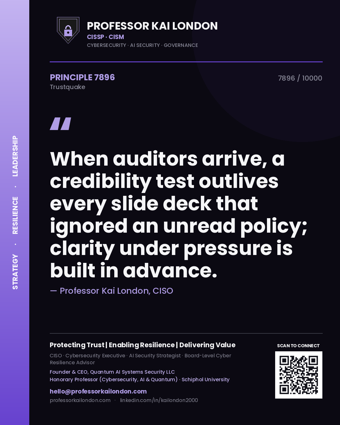 Professor Kai London principle 7896: When auditors arrive, a credibility test outlives every slide deck that ignored an unread policy; clarity under pressure is built in advance.