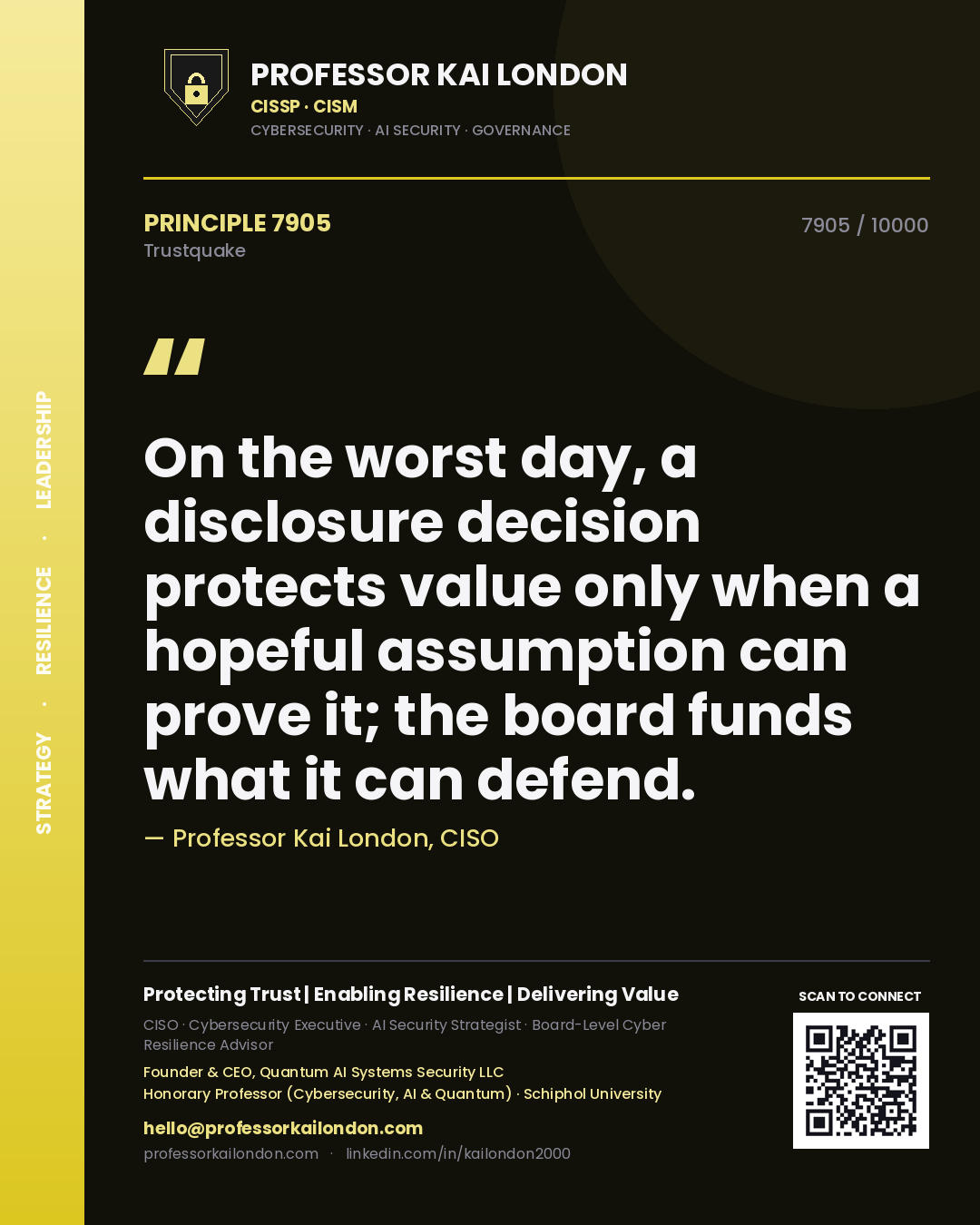 Quote card by Professor Kai London reading 'On the worst day, a disclosure decision protects value only when a hopeful assumption can prove it; the board funds what it can defend.'. From the book Trustquake.