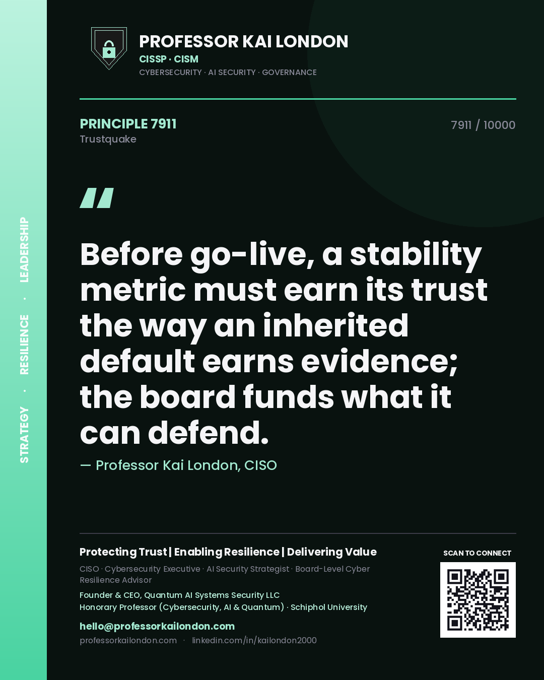 Professor Kai London principle 7911: Before go-live, a stability metric must earn its trust the way an inherited default earns evidence; the board funds what it can defend.