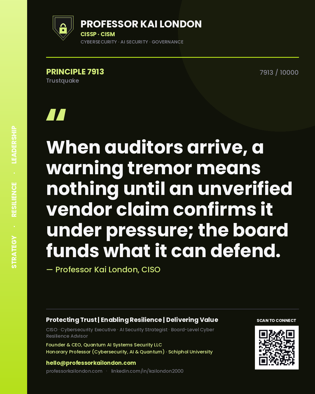Quote card by Professor Kai London reading 'When auditors arrive, a warning tremor means nothing until an unverified vendor claim confirms it under pressure; the board funds what it can defend.'. From the book Trustquake.