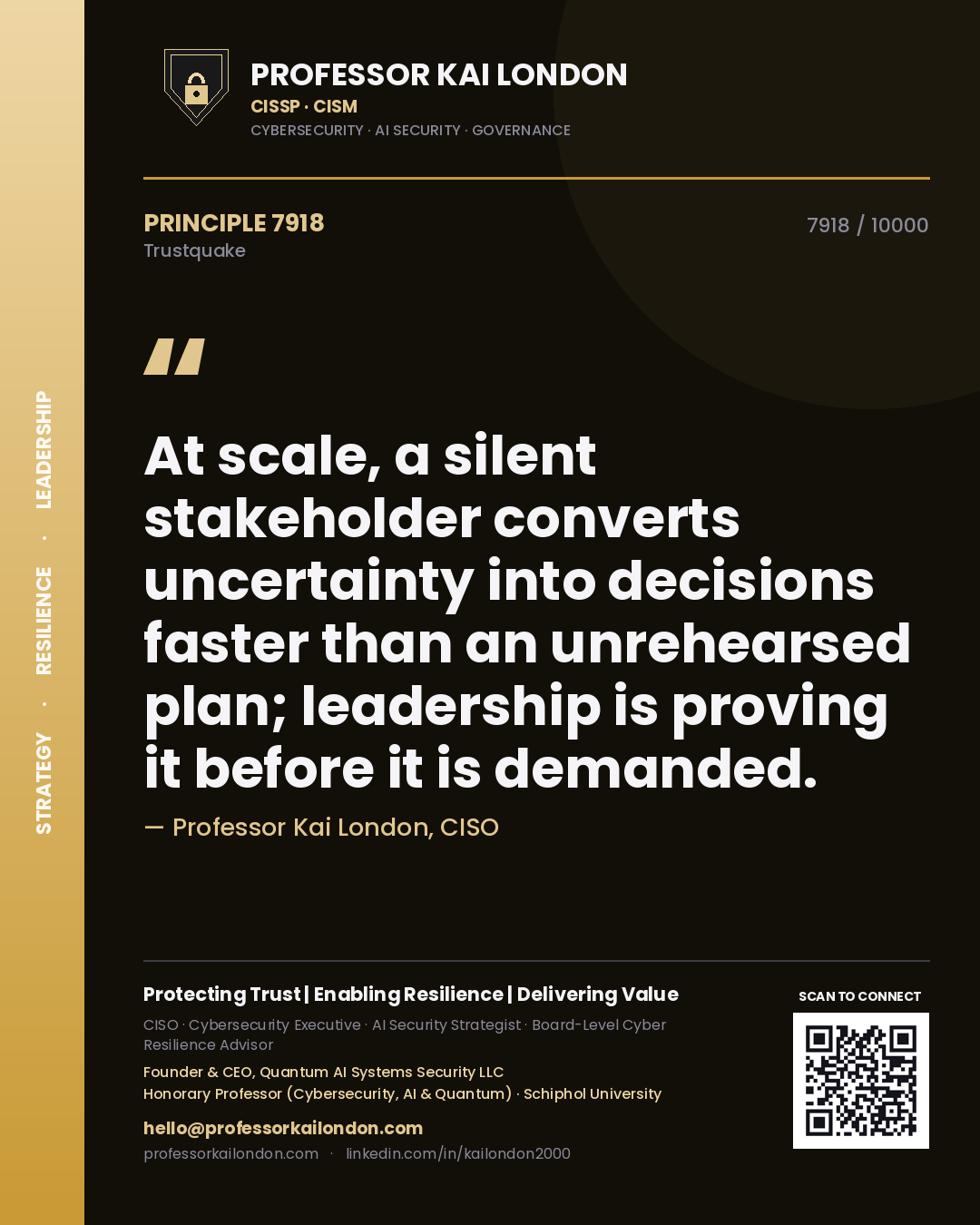Professor Kai London principle 7918: At scale, a silent stakeholder converts uncertainty into decisions faster than an unrehearsed plan; leadership is proving it before it is demanded.