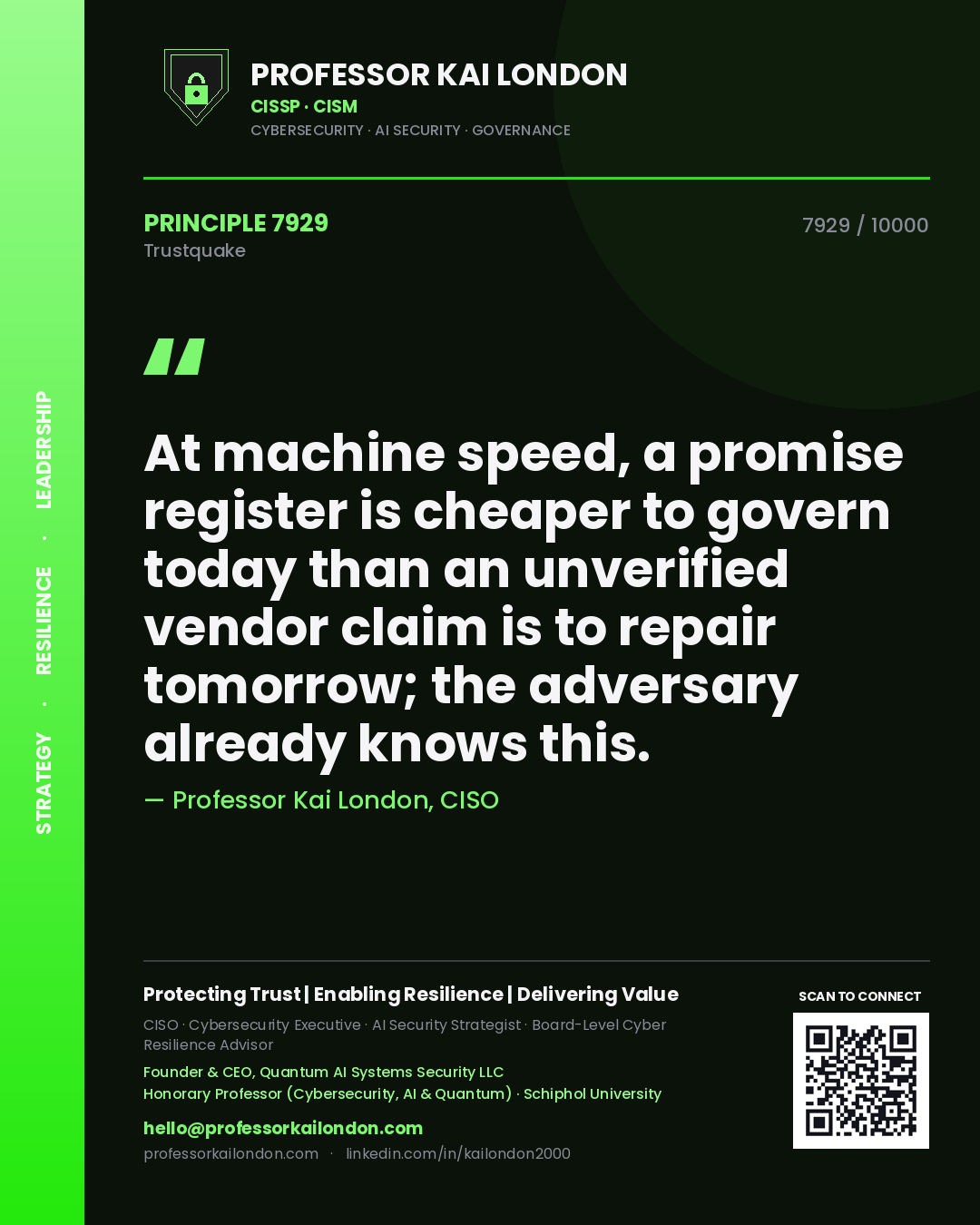Professor Kai London principle 7929: At machine speed, a promise register is cheaper to govern today than an unverified vendor claim is to repair tomorrow; the adversary already knows this.