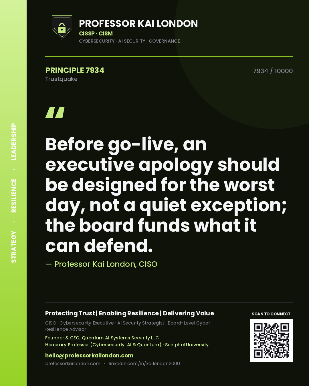 Professor Kai London principle 7934: Before go-live, an executive apology should be designed for the worst day, not a quiet exception; the board funds what it can defend.
