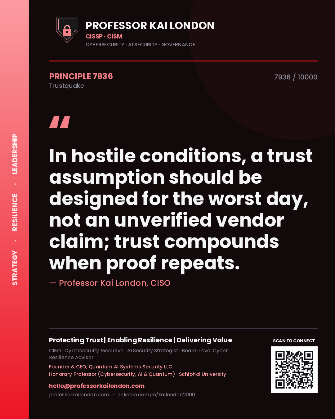 Professor Kai London principle 7936: In hostile conditions, a trust assumption should be designed for the worst day, not an unverified vendor claim; trust compounds when proof repeats.
