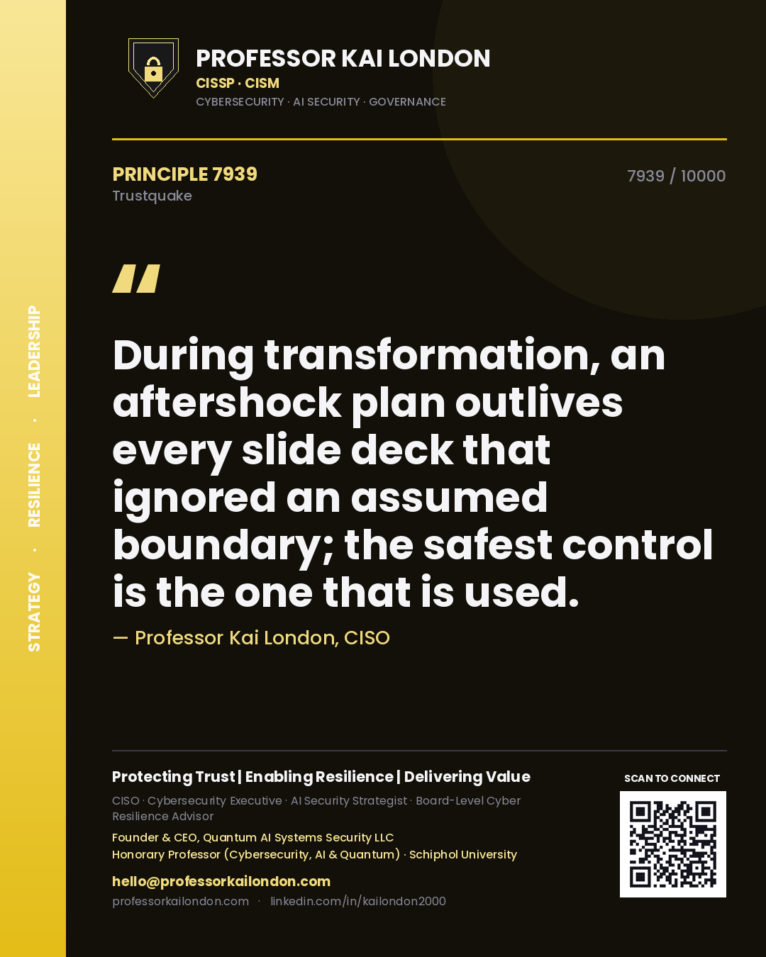 Quote card by Professor Kai London reading 'During transformation, an aftershock plan outlives every slide deck that ignored an assumed boundary; the safest control is the one that is used.'. From the book Trustquake.