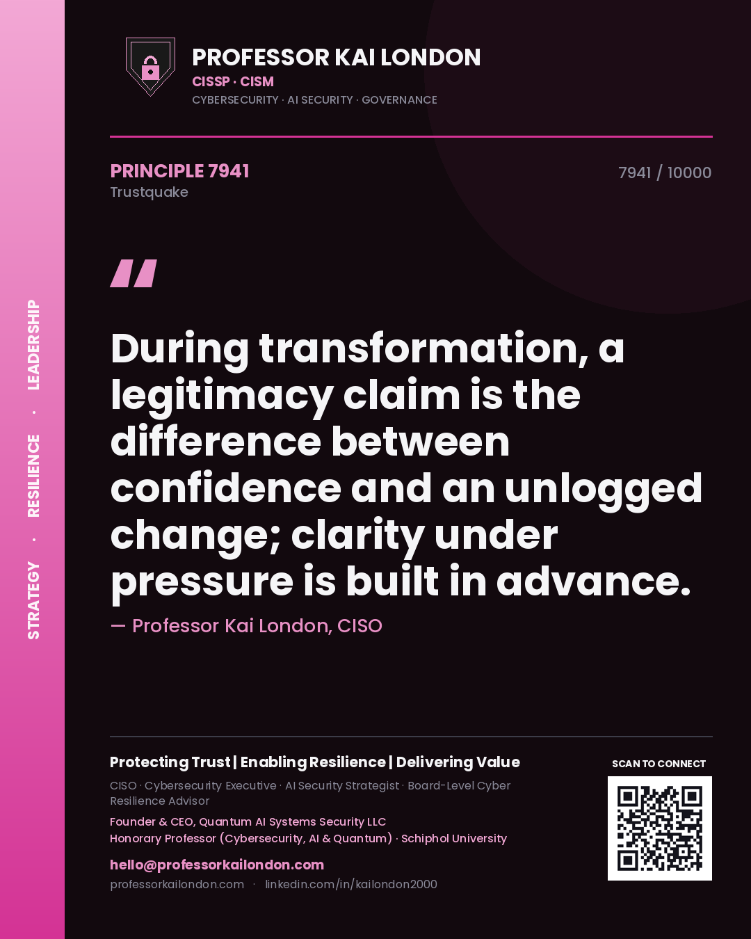 Professor Kai London principle 7941: During transformation, a legitimacy claim is the difference between confidence and an unlogged change; clarity under pressure is built in advance.