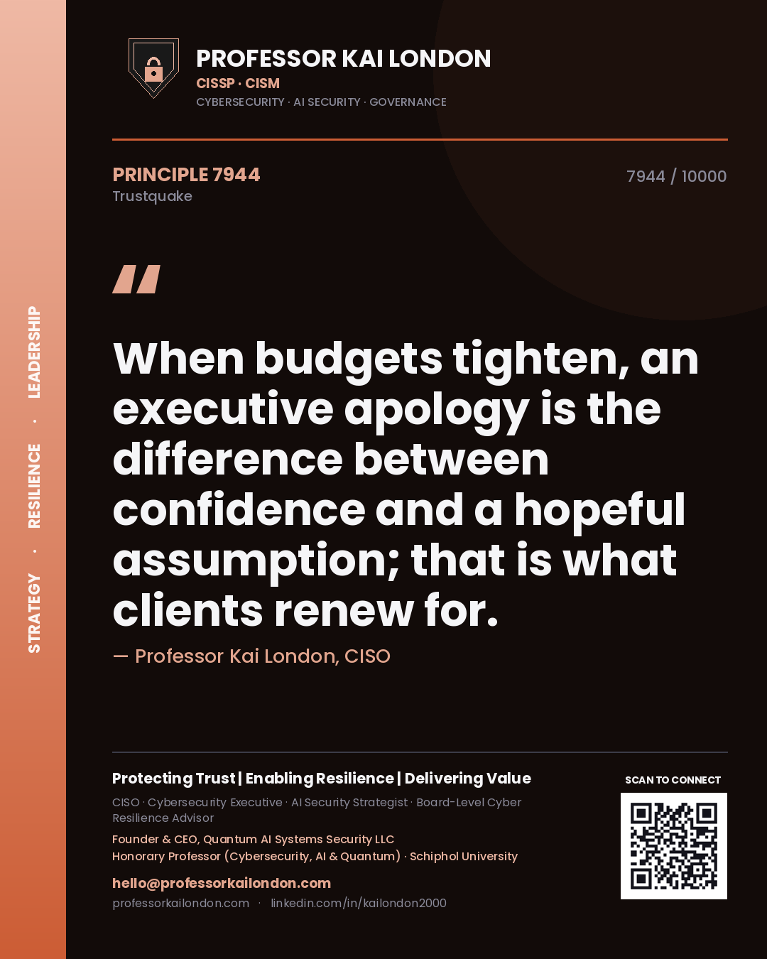 Quote card by Professor Kai London reading 'When budgets tighten, an executive apology is the difference between confidence and a hopeful assumption; that is what clients renew for.'. From the book Trustquake.