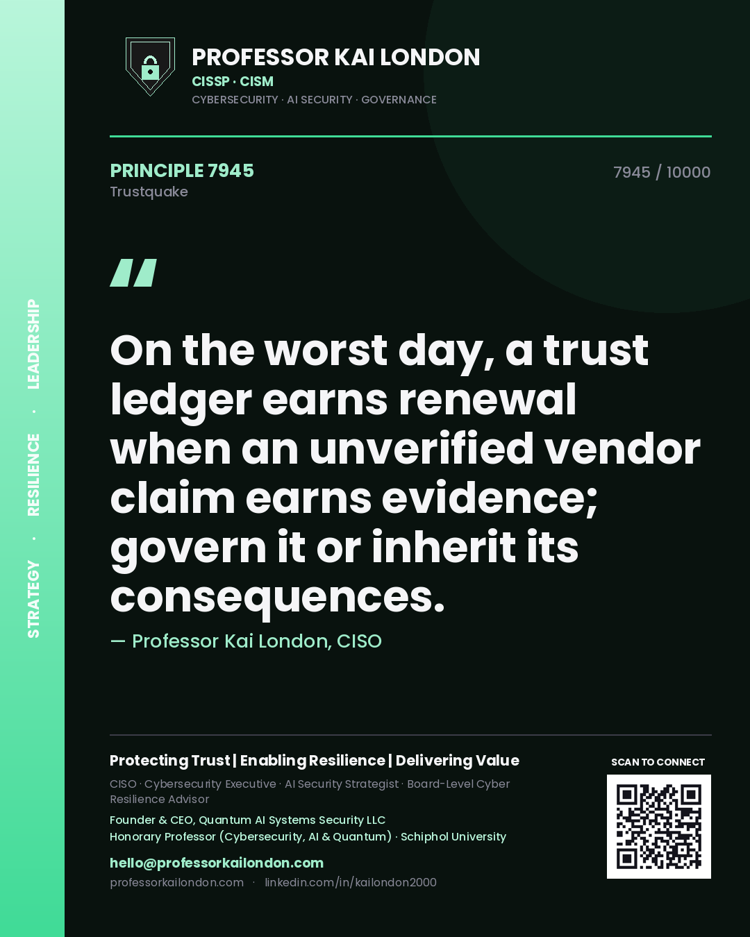 Professor Kai London principle 7945: On the worst day, a trust ledger earns renewal when an unverified vendor claim earns evidence; govern it or inherit its consequences.