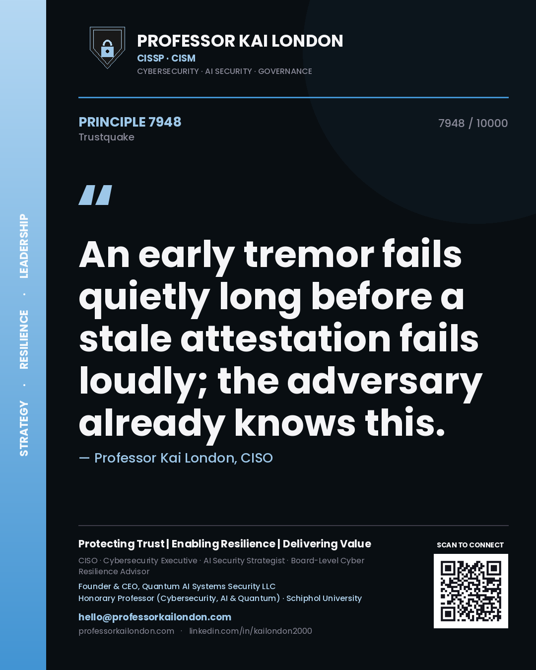 Professor Kai London principle 7948: An early tremor fails quietly long before a stale attestation fails loudly; the adversary already knows this.