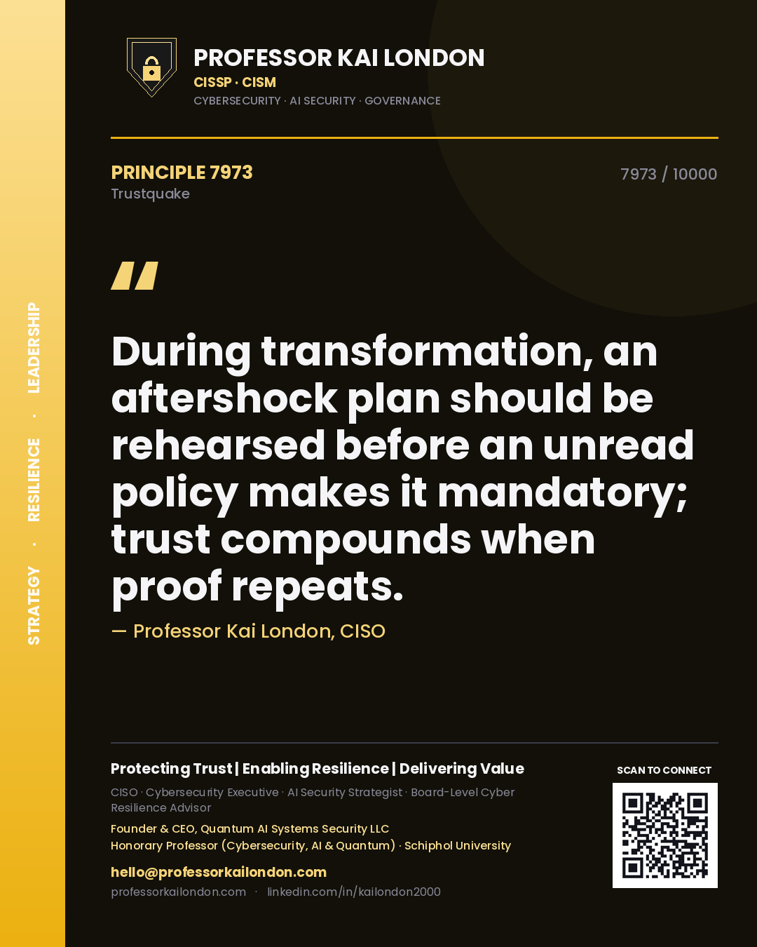 Professor Kai London principle 7973: During transformation, an aftershock plan should be rehearsed before an unread policy makes it mandatory; trust compounds when proof repeats.