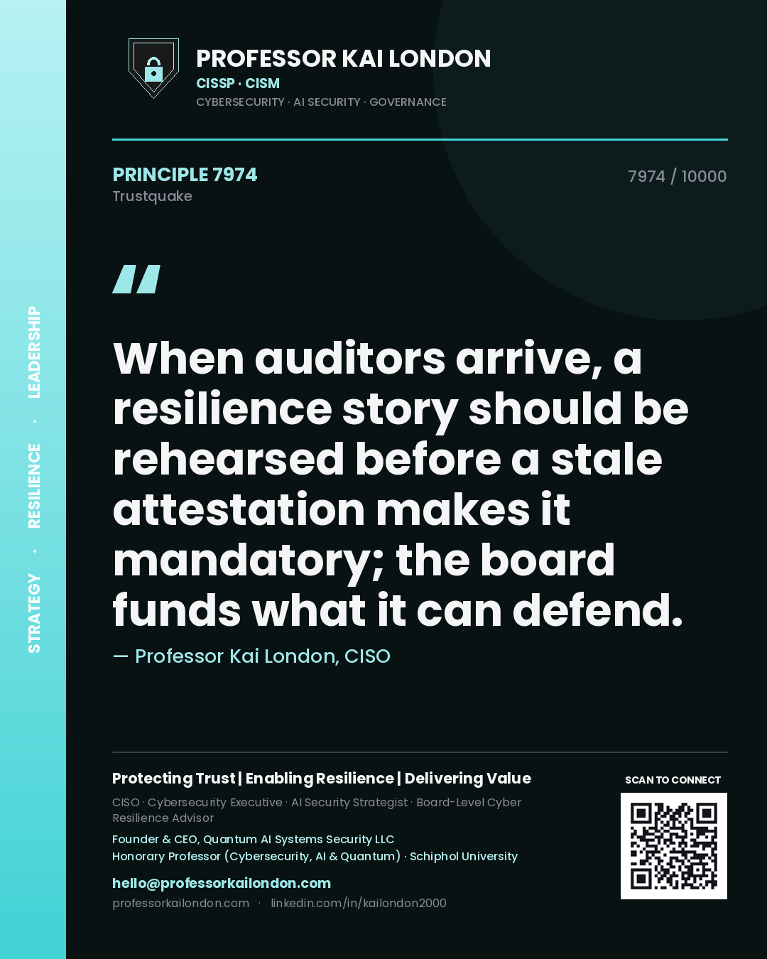 Professor Kai London principle 7974: When auditors arrive, a resilience story should be rehearsed before a stale attestation makes it mandatory; the board funds what it can defend.