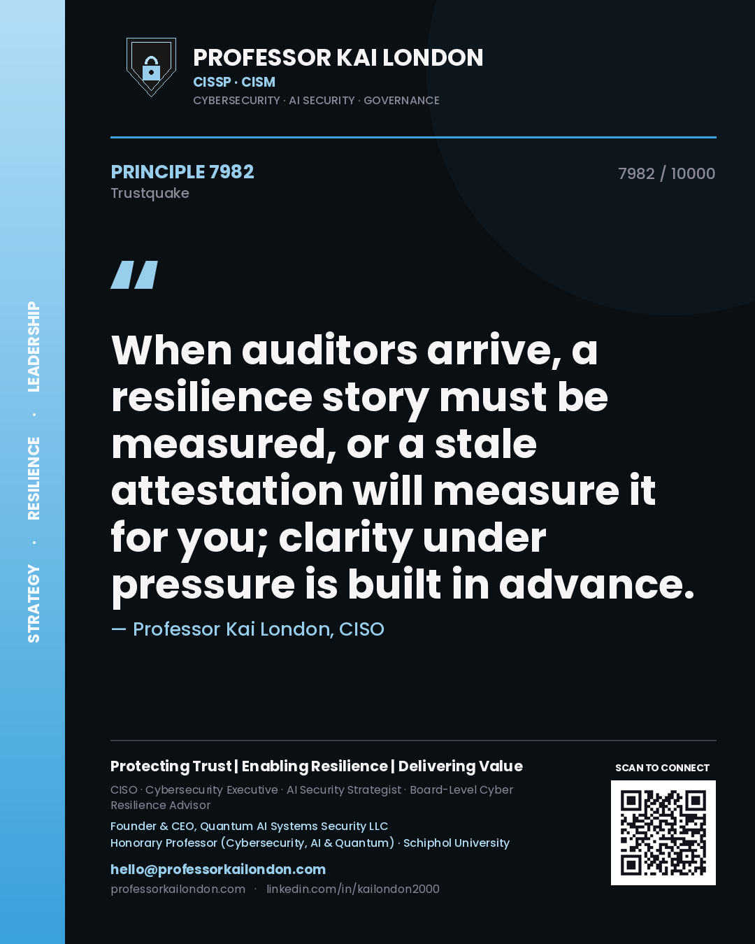 Quote card by Professor Kai London reading 'When auditors arrive, a resilience story must be measured, or a stale attestation will measure it for you; clarity under pressure is built in advance.'. From the book Trustquake.