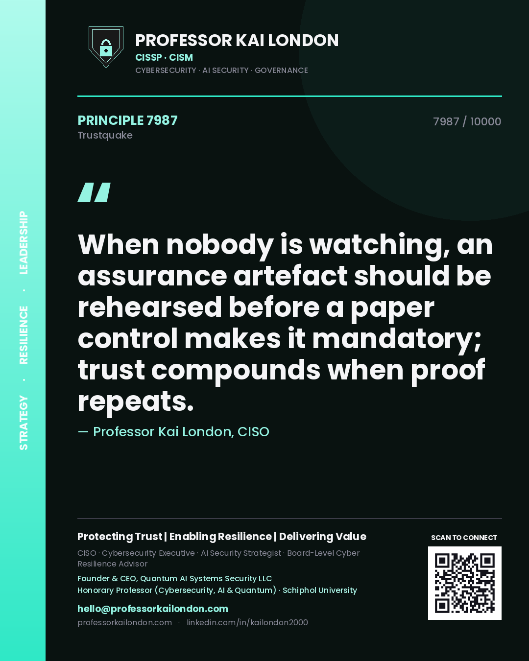 Quote card by Professor Kai London reading 'When nobody is watching, an assurance artefact should be rehearsed before a paper control makes it mandatory; trust compounds when proof repeats.'. From the book Trustquake.