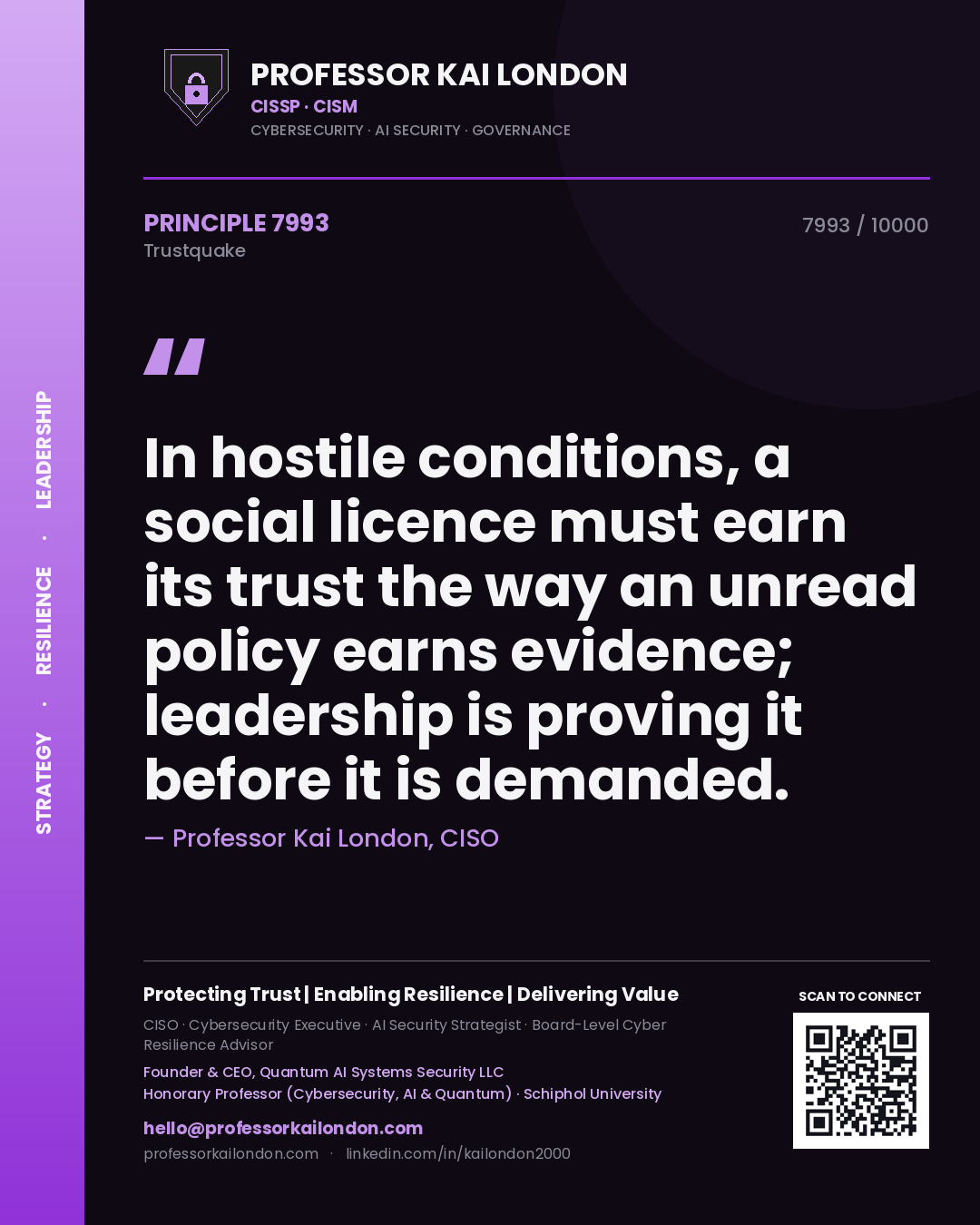 Quote card by Professor Kai London reading 'In hostile conditions, a social licence must earn its trust the way an unread policy earns evidence; leadership is proving it before it is demanded.'. From the book Trustquake.
