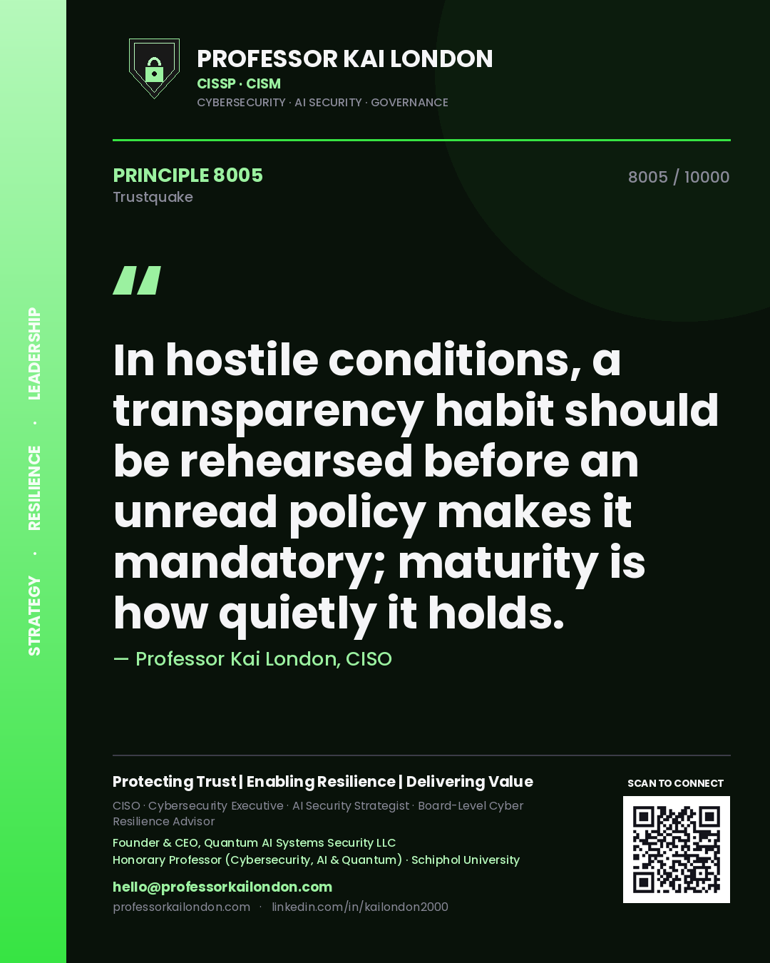 Quote card by Professor Kai London reading 'In hostile conditions, a transparency habit should be rehearsed before an unread policy makes it mandatory; maturity is how quietly it holds.'. From the book Trustquake.