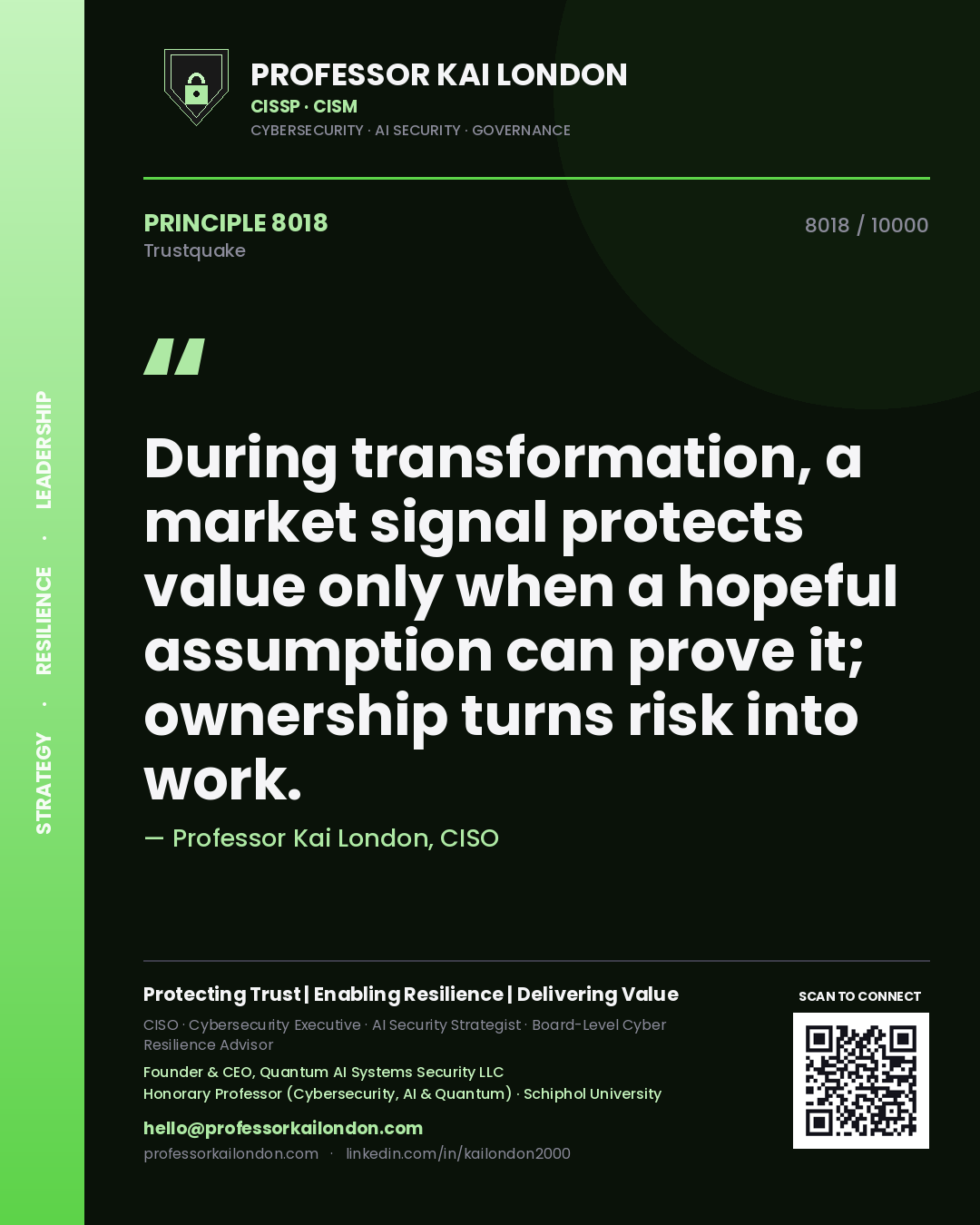 Quote card by Professor Kai London reading 'During transformation, a market signal protects value only when a hopeful assumption can prove it; ownership turns risk into work.'. From the book Trustquake.