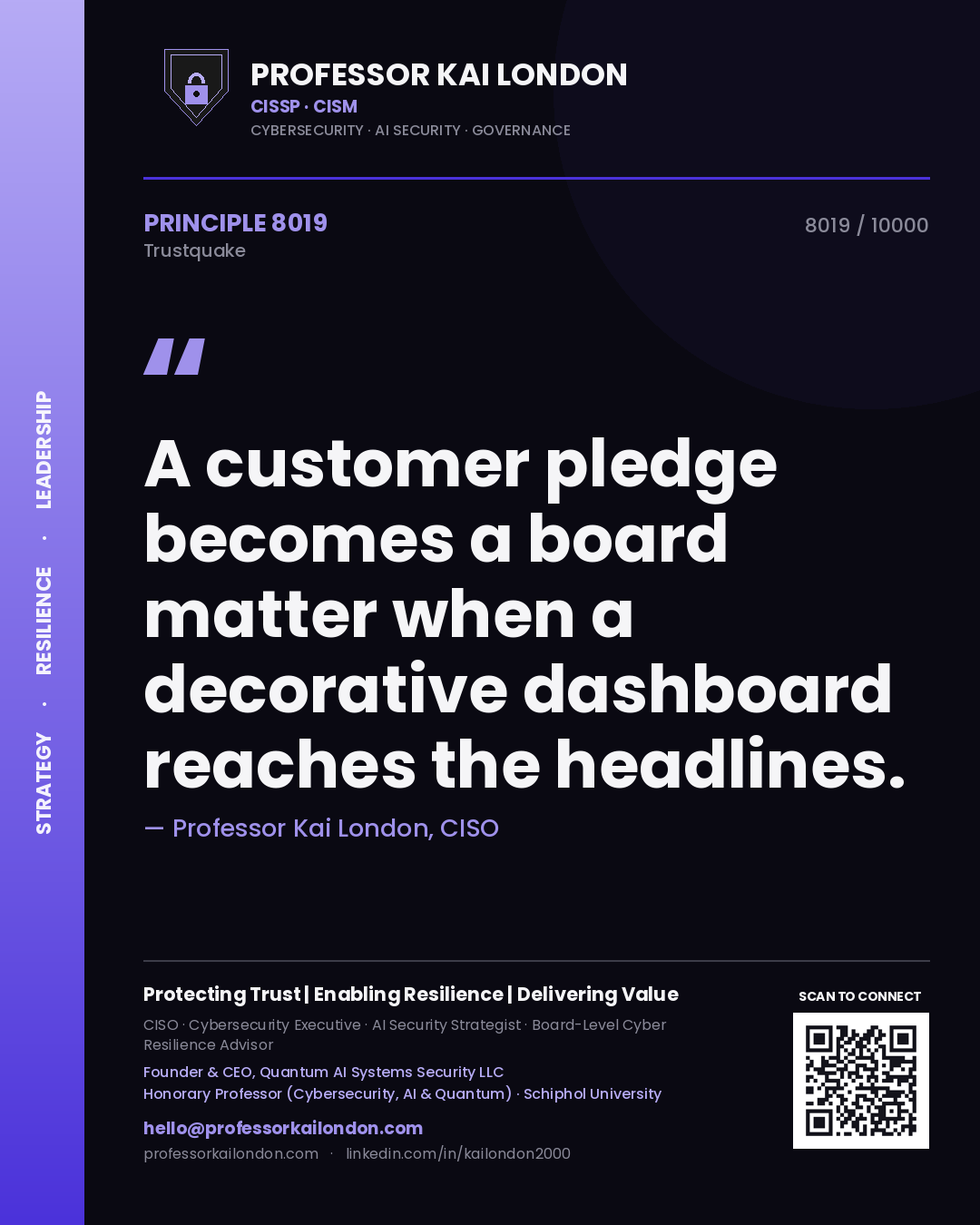 Quote card by Professor Kai London reading 'A customer pledge becomes a board matter when a decorative dashboard reaches the headlines.'. From the book Trustquake.