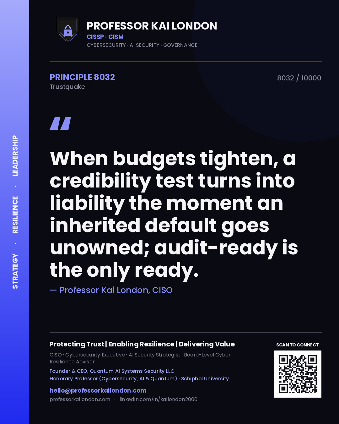 Quote card by Professor Kai London reading 'When budgets tighten, a credibility test turns into liability the moment an inherited default goes unowned; audit-ready is the only ready.'. From the book Trustquake.