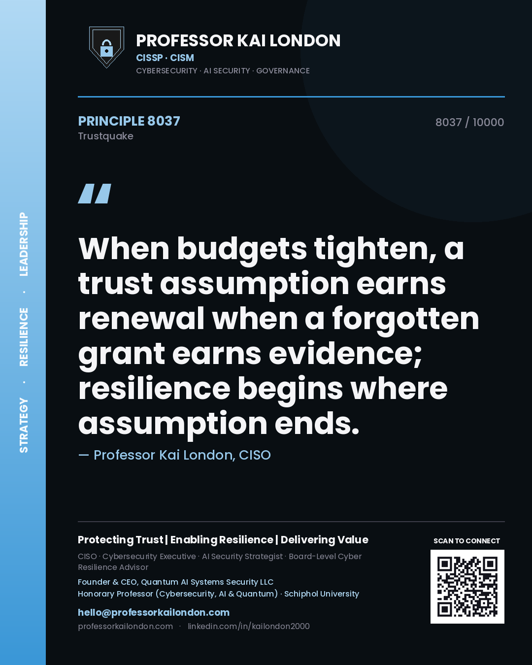 Quote card by Professor Kai London reading 'When budgets tighten, a trust assumption earns renewal when a forgotten grant earns evidence; resilience begins where assumption ends.'. From the book Trustquake.