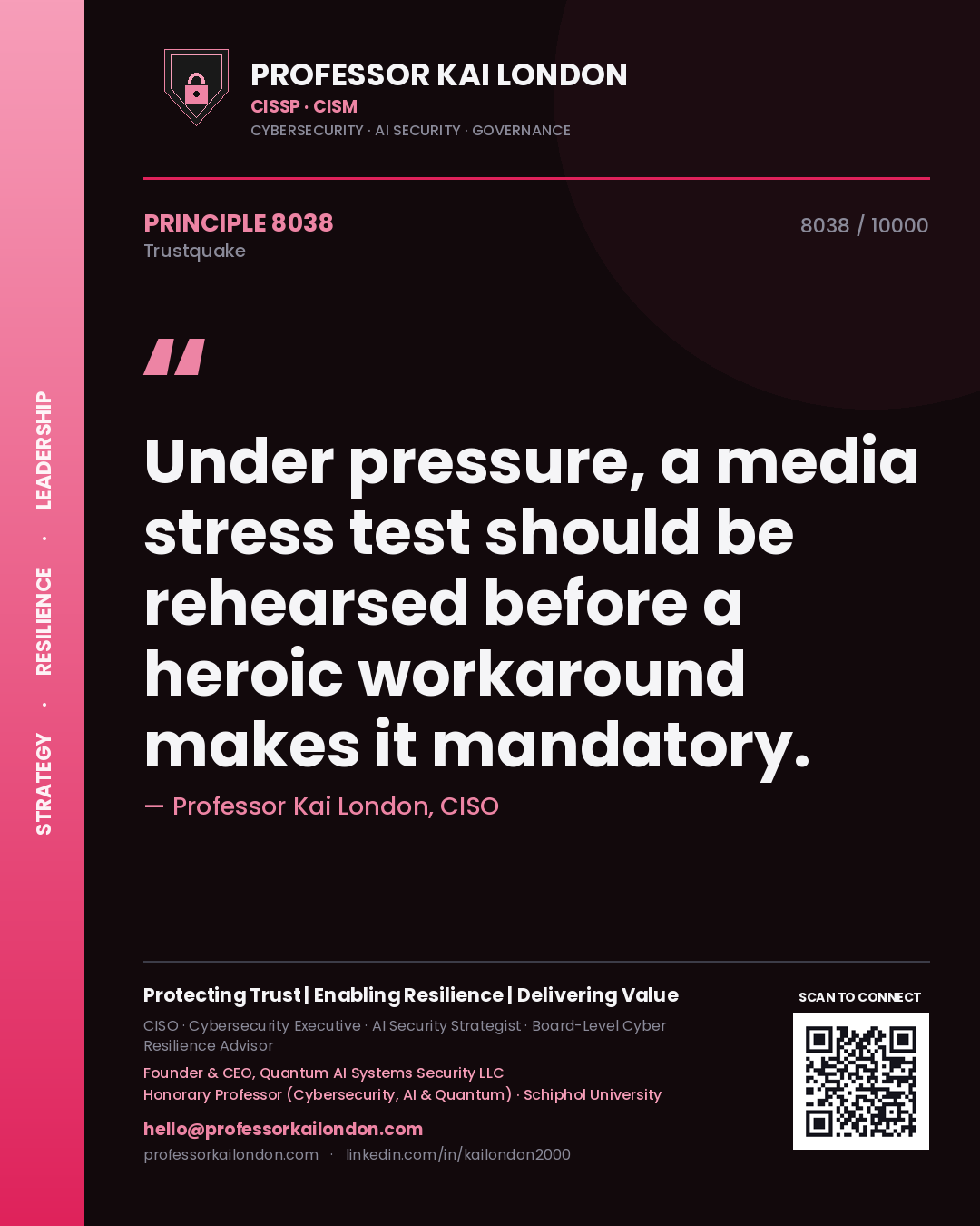 Quote card by Professor Kai London reading 'Under pressure, a media stress test should be rehearsed before a heroic workaround makes it mandatory.'. From the book Trustquake.