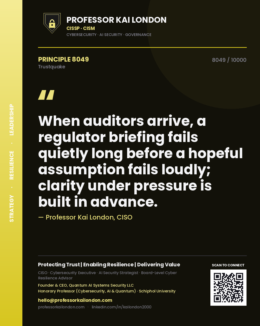 Quote card by Professor Kai London reading 'When auditors arrive, a regulator briefing fails quietly long before a hopeful assumption fails loudly; clarity under pressure is built in advance.'. From the book Trustquake.