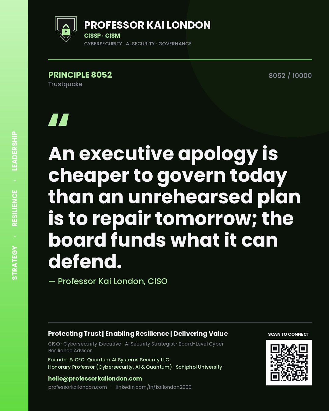 Quote card by Professor Kai London reading 'An executive apology is cheaper to govern today than an unrehearsed plan is to repair tomorrow; the board funds what it can defend.'. From the book Trustquake.