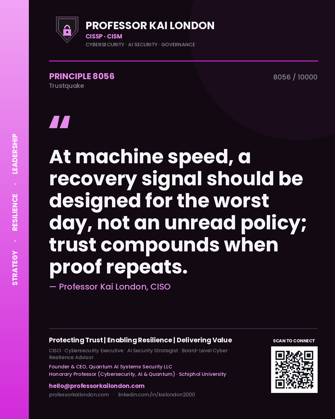 Quote card by Professor Kai London reading 'At machine speed, a recovery signal should be designed for the worst day, not an unread policy; trust compounds when proof repeats.'. From the book Trustquake.